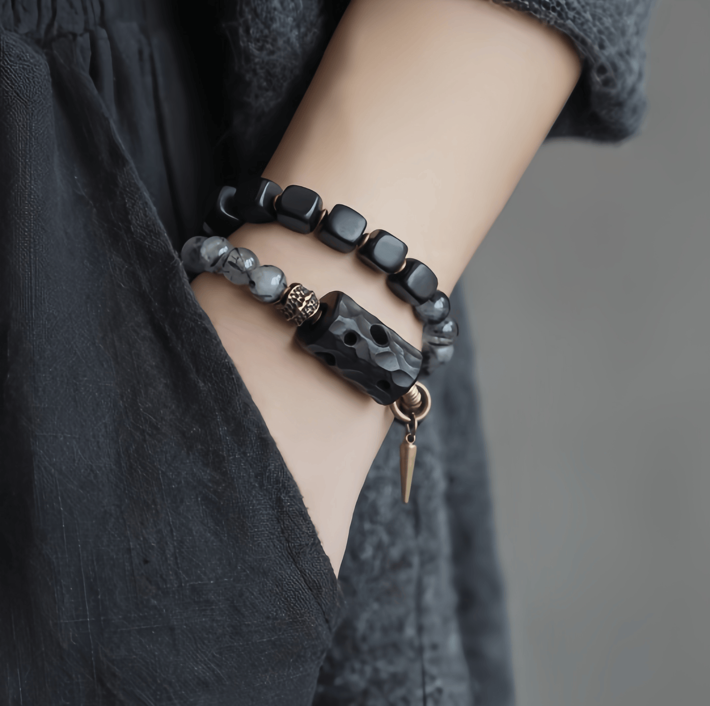 Energy Luxury Artisan Mixed Black Rutilated Quartz & Ebony Wood Bracelet – Handcrafted & Symbolic