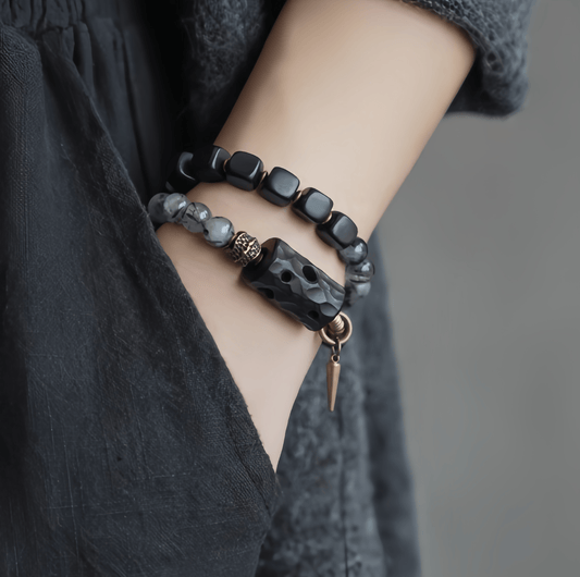 Energy Luxury Artisan Mixed Black Rutilated Quartz & Ebony Wood Bracelet – Handcrafted & Symbolic