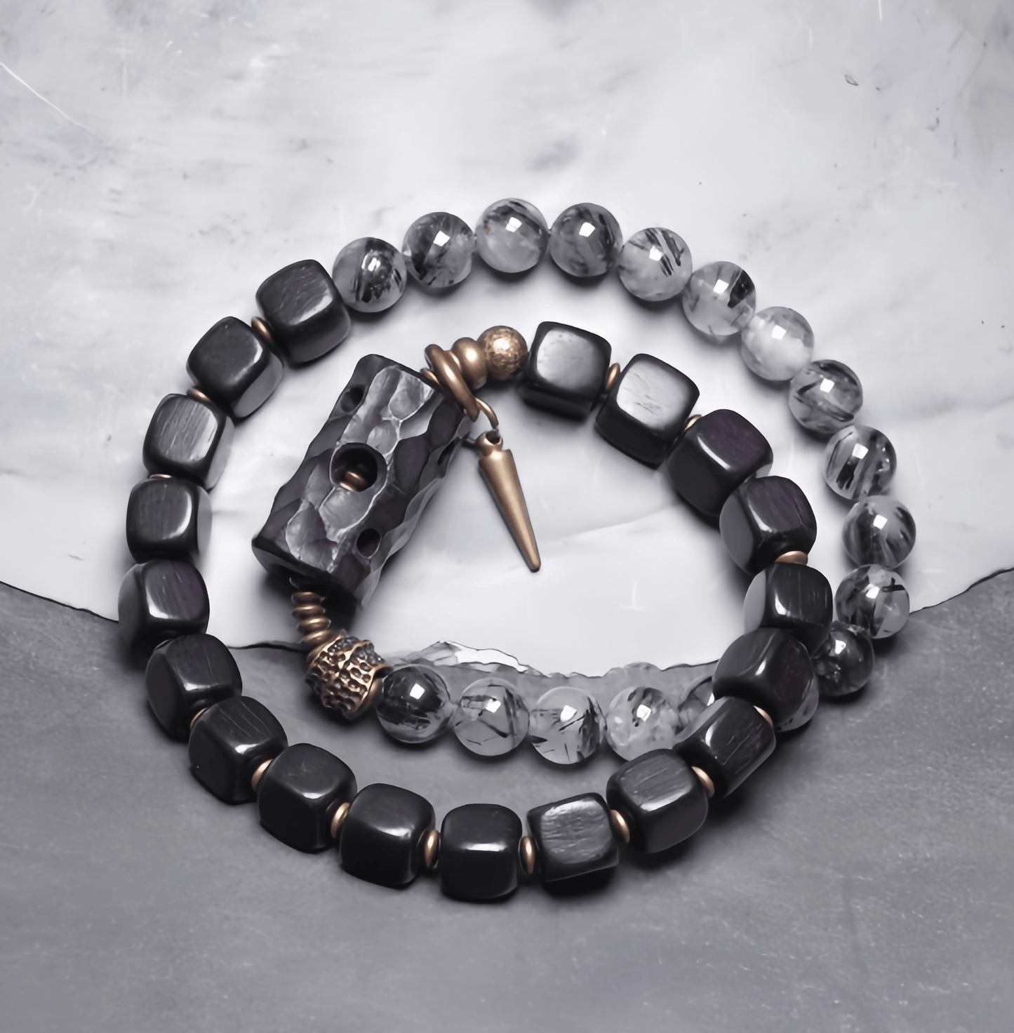 Energy Luxury Artisan Mixed Black Rutilated Quartz & Ebony Wood Bracelet – Handcrafted & Symbolic