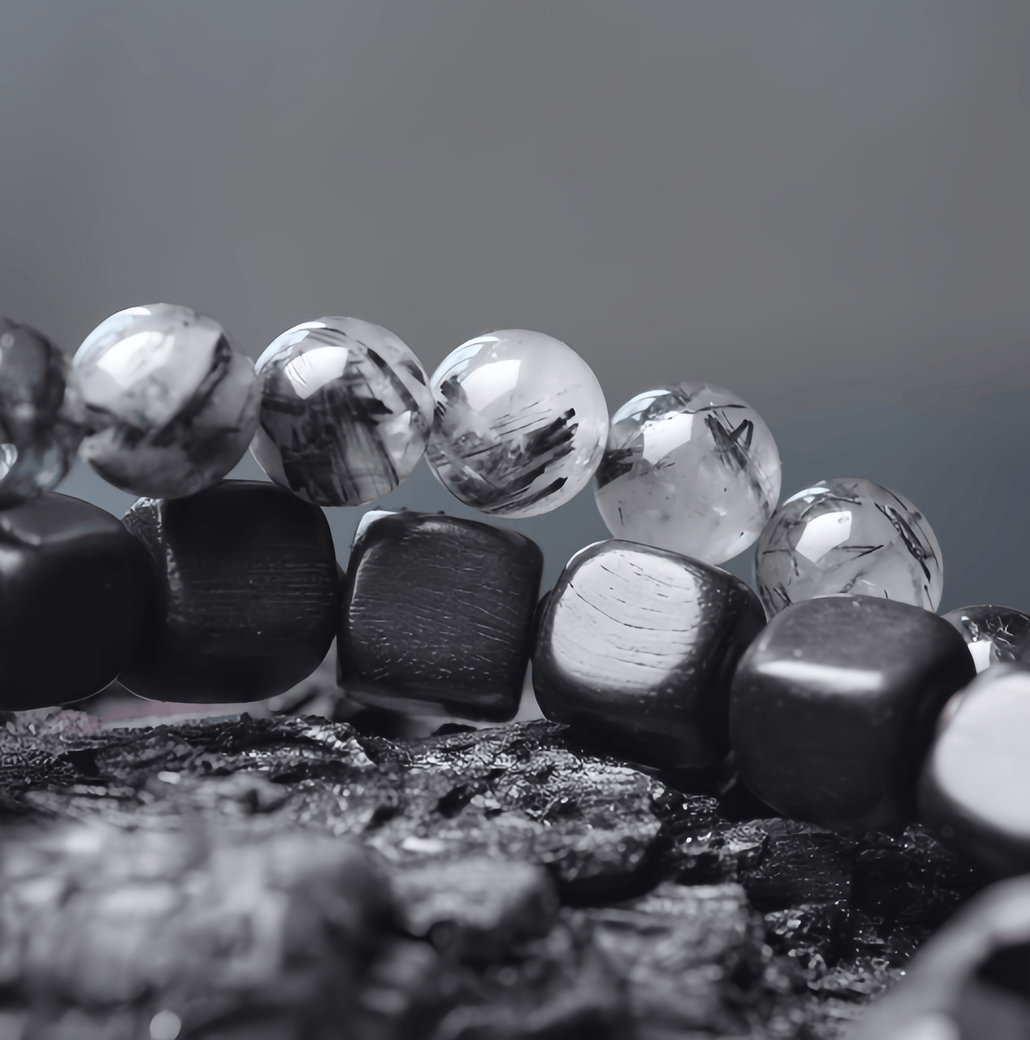 Energy Luxury Artisan Mixed Black Rutilated Quartz & Ebony Wood Bracelet – Handcrafted & Symbolic