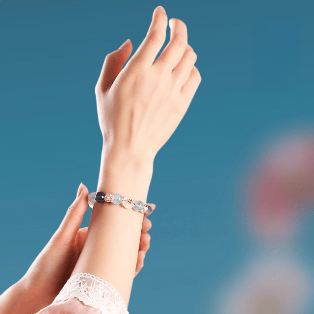 Celestial Fortune Bracelet – Aquamarine & White Phantom, Drawing Prosperity from All Four Directions