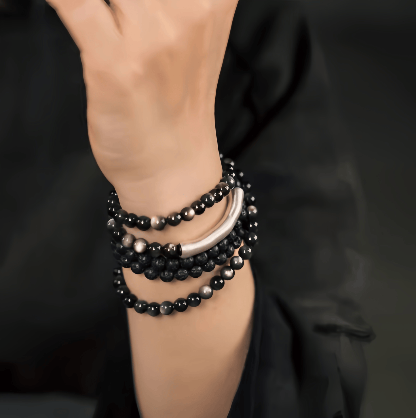 Energy Luxury Handcrafted Silver Obsidian & Volcanic Stone Bracelet