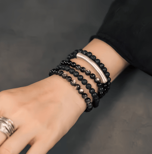 Energy Luxury Handcrafted Silver Obsidian & Volcanic Stone Bracelet