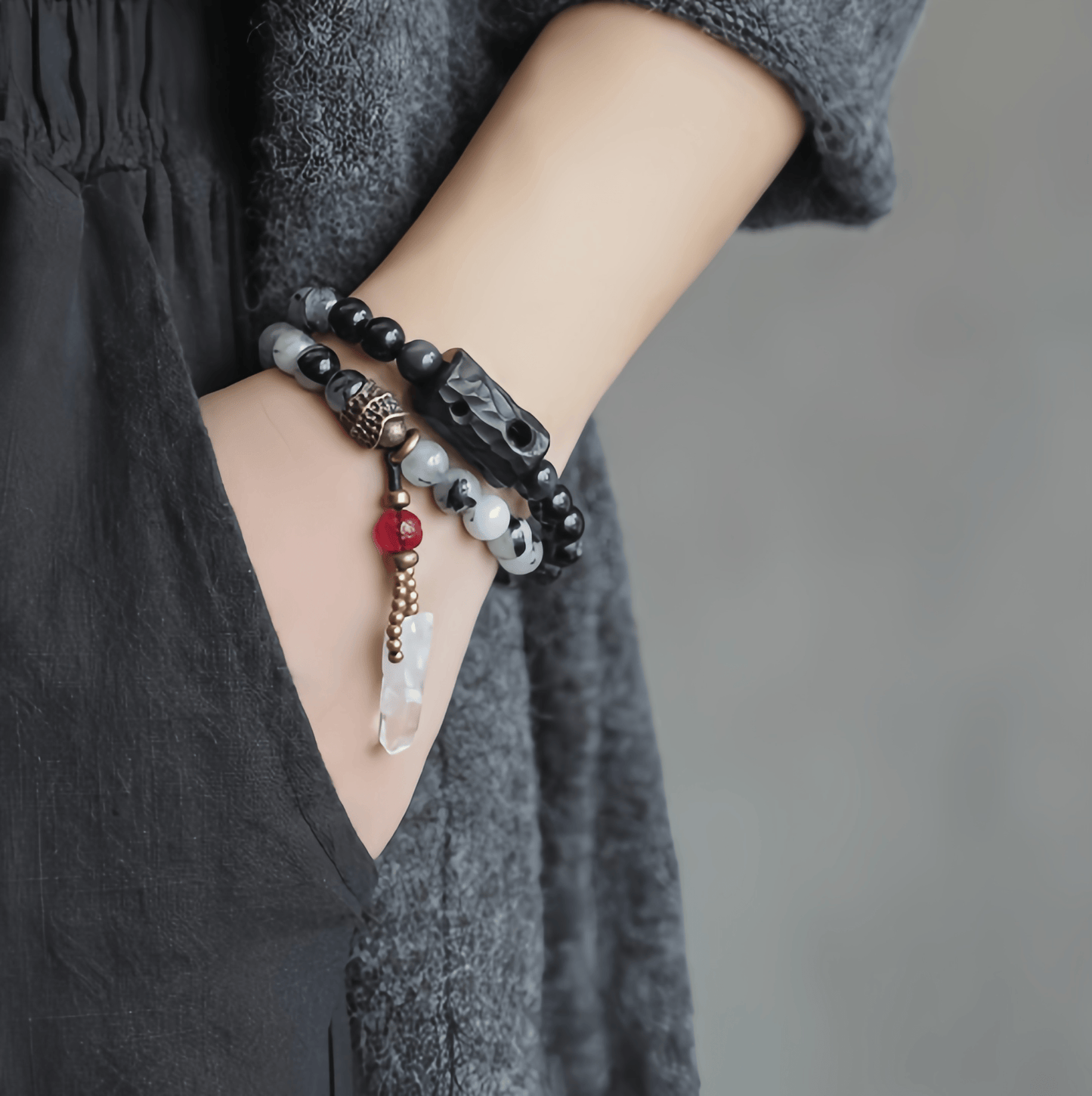 Energy Luxury Handmade Ethnic Bracelet – Black Rutilated Quartz with White Crystal Tassel for Peace