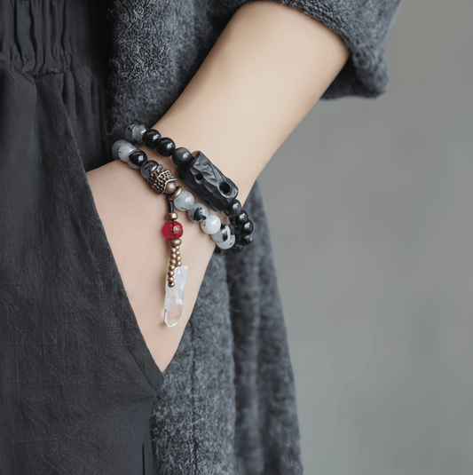 Energy Luxury Handmade Ethnic Bracelet – Black Rutilated Quartz with White Crystal Tassel for Peace