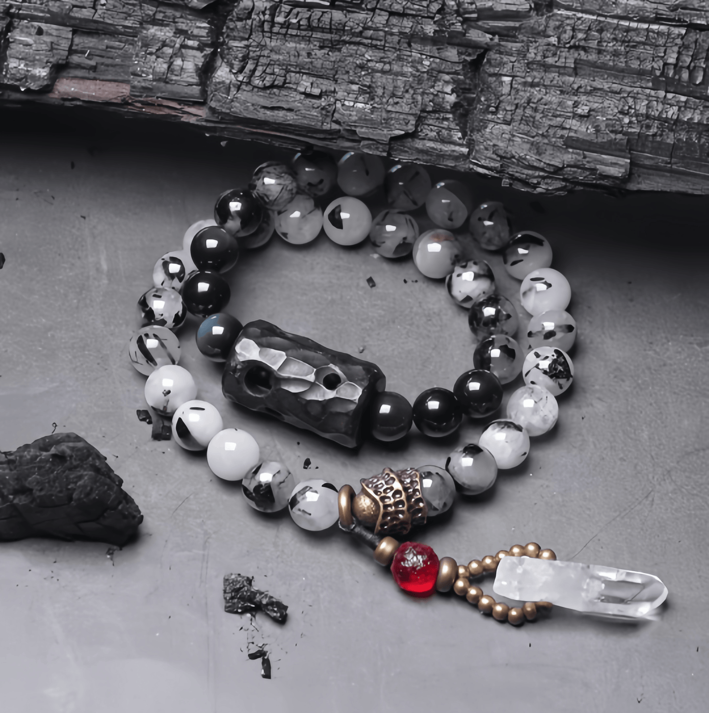 Energy Luxury Handmade Ethnic Bracelet – Black Rutilated Quartz with White Crystal Tassel for Peace