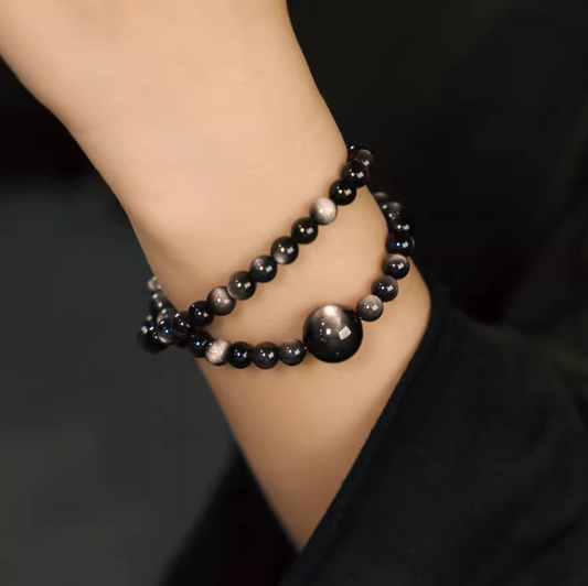 Energy Luxury Handmade Silver Obsidian Cat Eye Bracelet – Matching Couple Artisan Wrist Jewelry