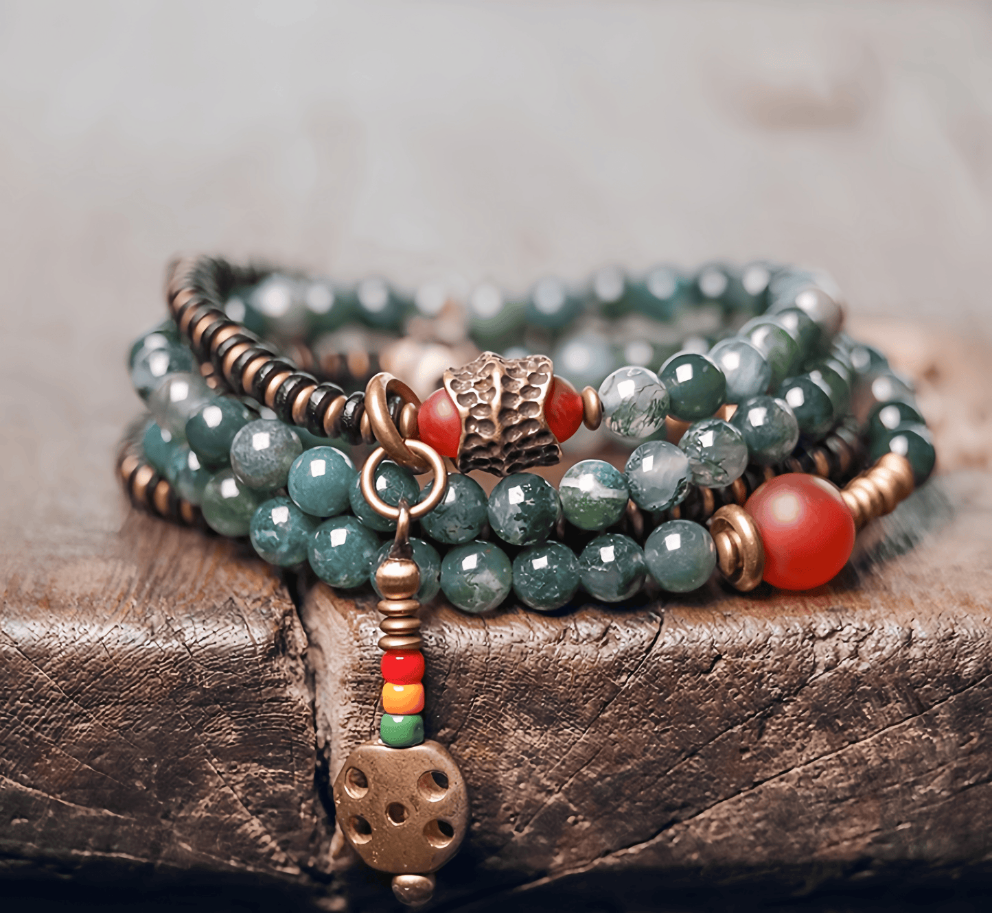 Energy Luxury Multi-Strand Moss Agate Bead Bracelet