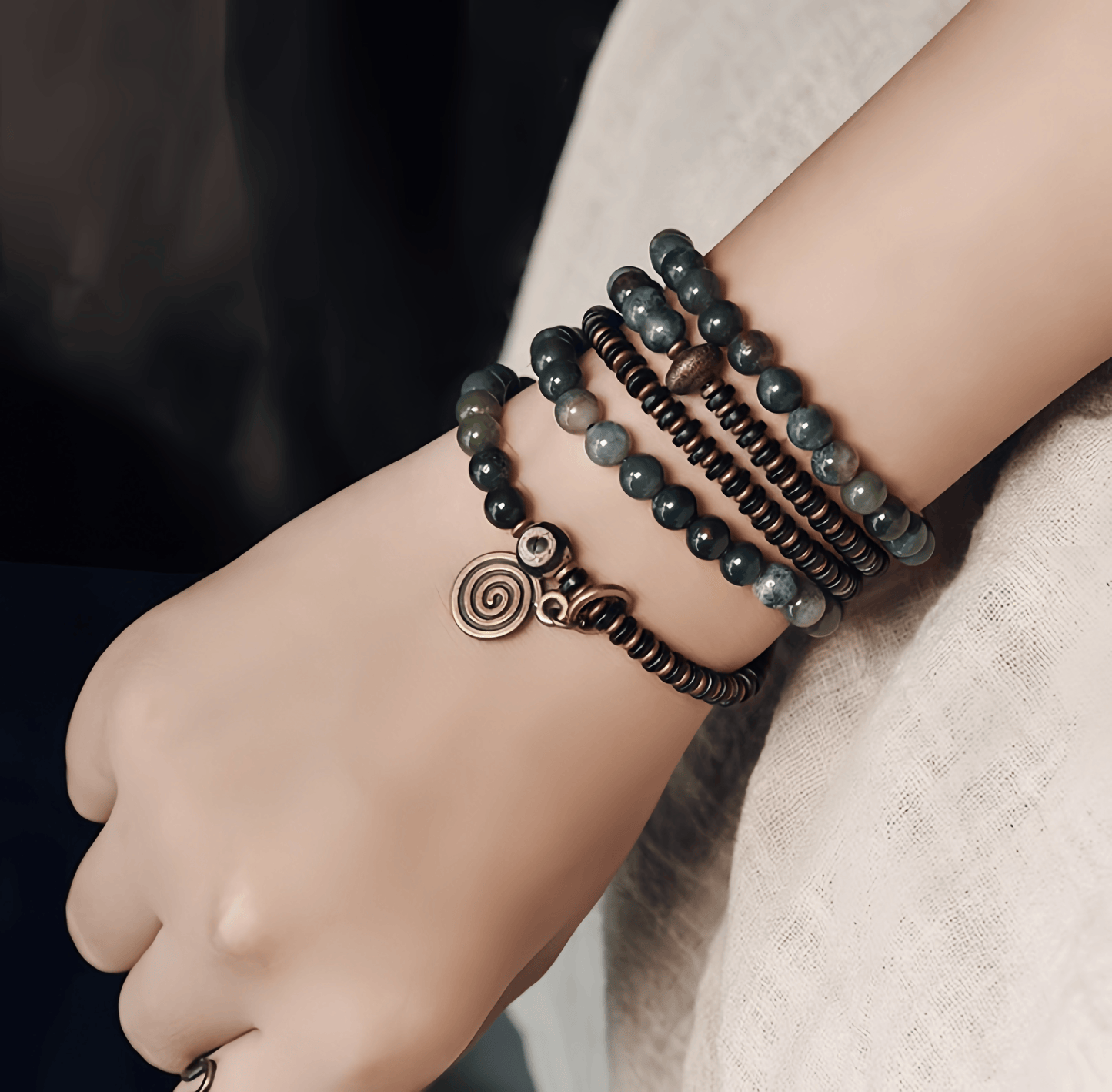 Energy Luxury Multi-Strand Moss Agate Bead Bracelet